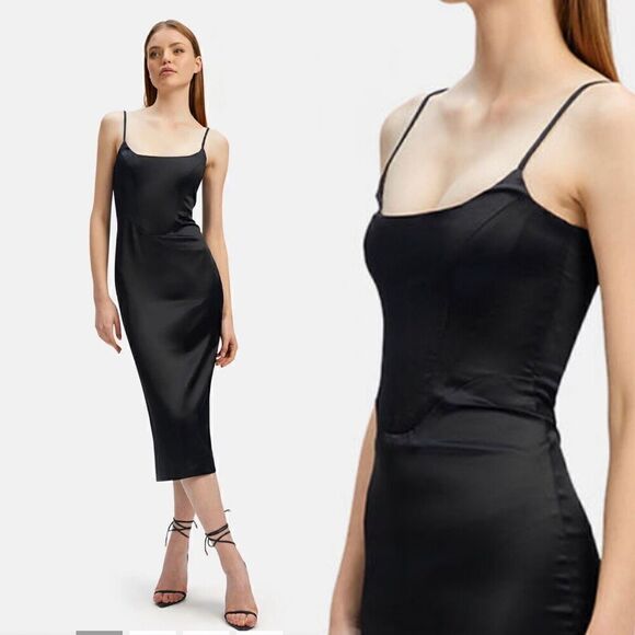 Bardot Marlo Black Satin Corset Bustier Midi Dress Sz XXL Revolve $129
